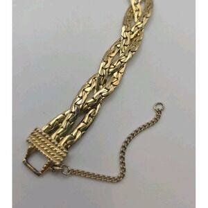 Vintage Braided Gold Tone Flat Herringbone Chain 7" Fancy Woven Elegant Bracelet